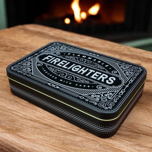 Firelighter Box Metal Tin Storage Holder Fire lighter Matches Fire Starter Present Blocks Housewarming Fireside Gift Father’s Day Christmas
