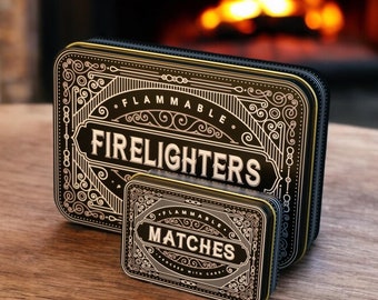 Firelighter Box Metal Tin Storage Holder Fire lighters Matches Fire Starter Cubes BBQ Housewarming Fireside Gift Mens Christmas Set Gift