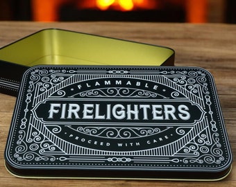 Firelighter Box Metal Tin Storage Holder Fire lighter Matches Starter Cubes Blocks Housewarming Fireside Gift father’s day mens gift BBQ