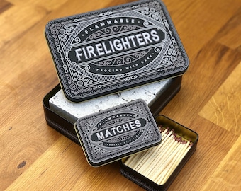 Firelighter Box Metal Tin Storage Holder Fire lighters Matches Fire Starter Cubes BBQ Housewarming Fireside Gift Mens Christmas Set Gift