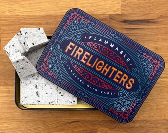 Firelighter Box Tin Metal Storage Holder Firelighters Matches Fire Starter Cubes Blocks Housewarming Fireside Gift Men’s Christmas Gift