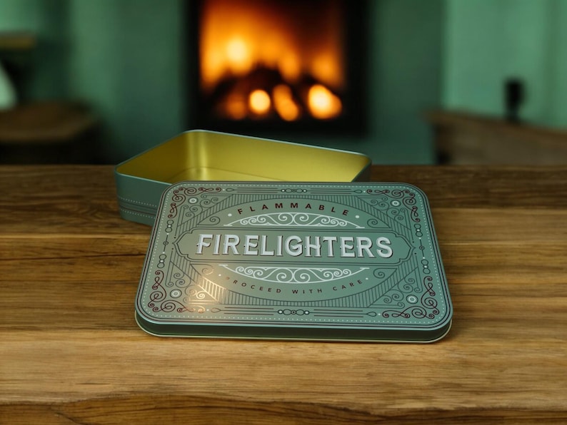 K&ouml;nnte beinhalten: Eine offene, rechteckige Dose in Teal mit dem Wort "FIRELIGHTERS" in wei&szlig;er Schrift. Das Design umfasst dekorative Schn&ouml;rkel und den Schriftzug "FLAMMABLE". Im Hintergrund ist ein Kaminfeuer zu sehen.