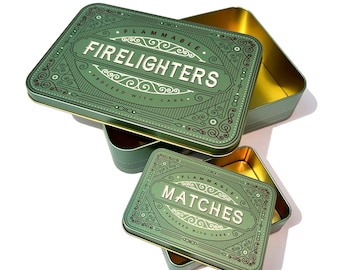 Firelighter Box Metal Tin Storage Holder Fire lighters Matches Camp Fire Starter Cubes BBQ Housewarming Fireside Gift Mens Father’s Day Set