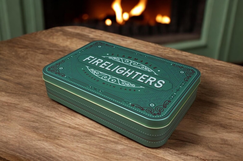 K&ouml;nnte beinhalten: Rechteckige, teal-farbene Metallbox mit Feueranz&uuml;ndern und dem wei&szlig;en Schriftzug "FIRELIGHTERS". Die Box steht auf einer Holzoberfl&auml;che, im Hintergrund ein Kamin. Der Text "FLAMMABLE" und "PACKED WITH CARE" sind ebenfalls sichtbar.