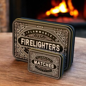 K&ouml;nnte beinhalten: Zwei rechteckige Dosen in Schwarz und Gold mit wei&szlig;er Aufschrift "FIRE LIGHTERS" und "MATCHES". Die Dosen haben dekorative Verzierungen und stehen auf einer Holzoberfl&auml;che. Im Hintergrund ist ein Kamin zu sehen.