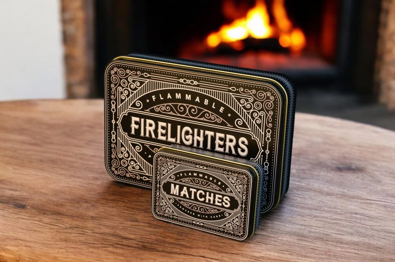 K&ouml;nnte beinhalten: Zwei rechteckige Dosen in Schwarz und Gold mit wei&szlig;er Aufschrift "FIRE LIGHTERS" und "MATCHES". Die Dosen haben dekorative Verzierungen und stehen auf einer Holzoberfl&auml;che. Im Hintergrund ist ein Kamin zu sehen.