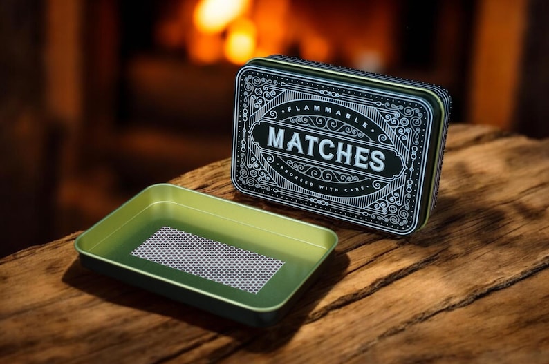 K&ouml;nnte beinhalten: Eine dekorative Streichholzschachtel aus Metall mit dem Wort "MATCHES" in wei&szlig;er, verzierter Schrift. Die Schachtel ist schwarz mit gr&uuml;ner Umrandung und einem passenden gr&uuml;nen Tablett. Der Hintergrund ist ein verschwommenes Bild eines Kamins.