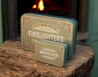 Firelighter Box Metal Tin Storage Holder Fire lighters Matches Camp Fire Stocking filler BBQ Housewarming Fireside Gift Mens Christmas Gift