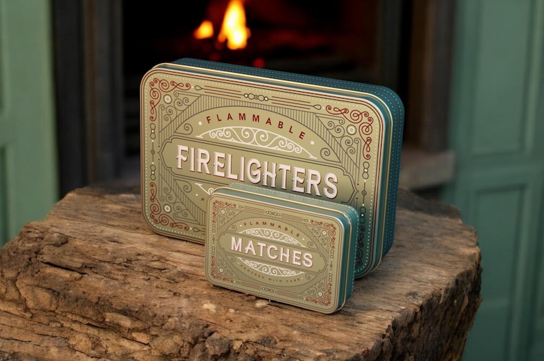 K&ouml;nnte beinhalten: Zwei dekorative Metallboxen, eine gro&szlig;e und eine kleine, mit aufwendigen Designs und den Worten "FLAMMABLE FIRELIGHTERS" und "MATCHES" in Wei&szlig;. Die Dosen sind teal mit einem Vintage-Look, auf einer Holzoberfl&auml;che.