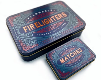 Firelighter Box Metal Tin Storage Holder Fire lighter Matches Starter Cubes Blocks Housewarming Fireside Gift father’s day mens gift BBQ