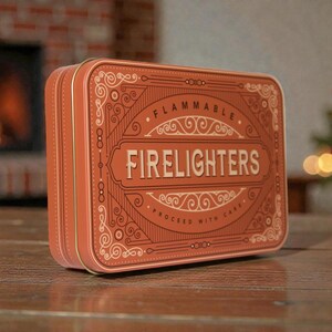 K&ouml;nnte beinhalten: Eine rechteckige, orangefarbene Dose mit Feueranz&uuml;ndern, auf der das Wort "FIRELIGHTERS" in einer dekorativen Schriftart steht. Die Dose hat ein Vintage-Design mit dem Wort "FLAMMABLE" oben. Im Hintergrund sind ein Kamin und ein Weihnachtsbaum zu sehen.