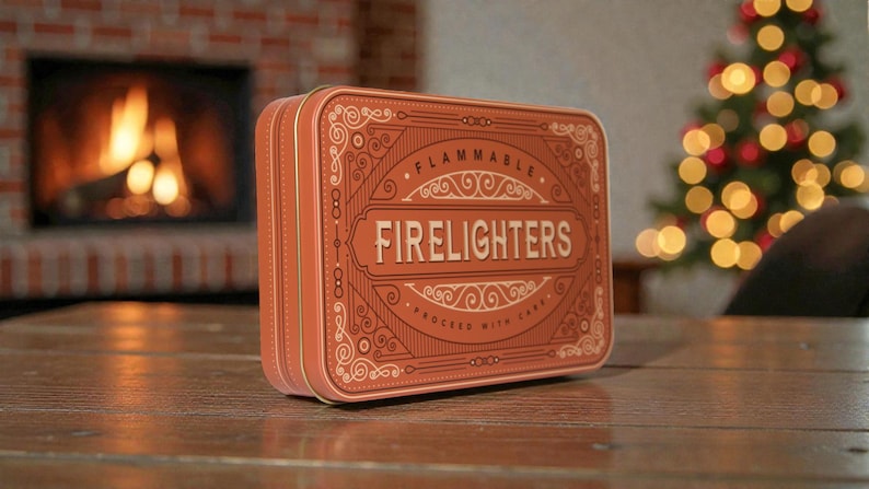 K&ouml;nnte beinhalten: Eine rechteckige, orangefarbene Dose mit Feueranz&uuml;ndern, auf der das Wort "FIRELIGHTERS" in einer dekorativen Schriftart steht. Die Dose hat ein Vintage-Design mit dem Wort "FLAMMABLE" oben. Im Hintergrund sind ein Kamin und ein Weihnachtsbaum zu sehen.