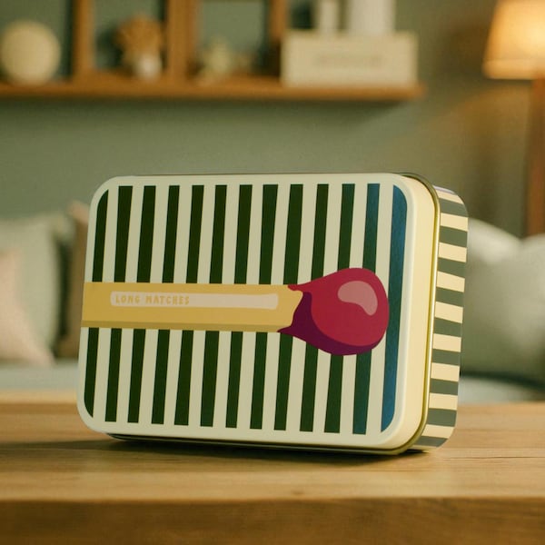 Caja metálica para guardar cerillas largas, ideal para encender la chimenea. Regalo perfecto para inauguración de casa, decoración navideña o como detalle para la chimenea. También sirve como vela o adorno para la repisa de la chimenea.