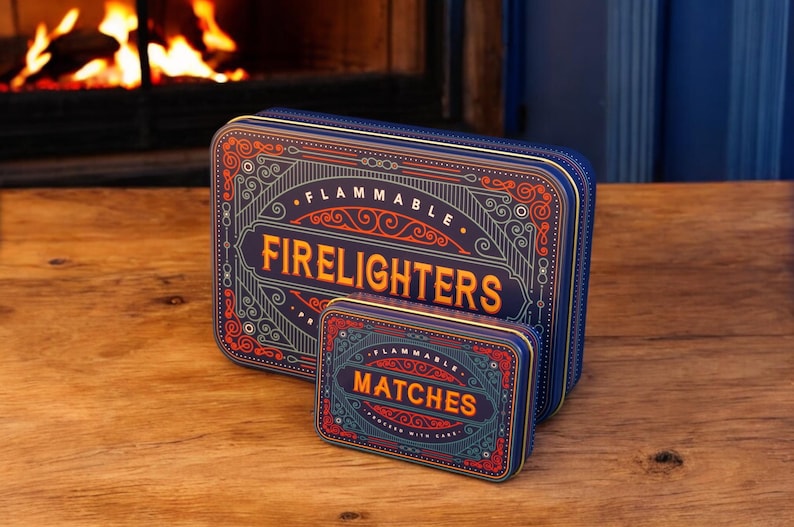 Firelighter Box Metal Tin Storage Holder Fire lighters Matches Camp Fire Stocking filler BBQ Housewarming Fireside Gift Mens Christmas Gift Blue