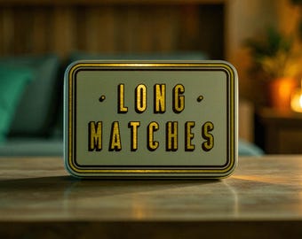 Long Match Tin Metal Box Storage Matches Firelighter Housewarming Fireside Gift Christmas Stocking Filler Present Candle Mantel Decor