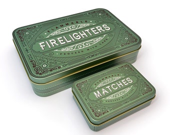 Firelighter Box Metal Tin Storage Holder Fire lighters Matches Camp Fire Stocking filler BBQ Housewarming Fireside Gift Mens Christmas Gift