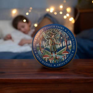 May include: A blue and gold round tin with a fairy illustration and the text "Tooth Fairy" repeated around the edge. The fairy is wearing a green tunic and brown boots and is holding a wand. The fairy is standing in a forest setting with mushrooms and a stream.