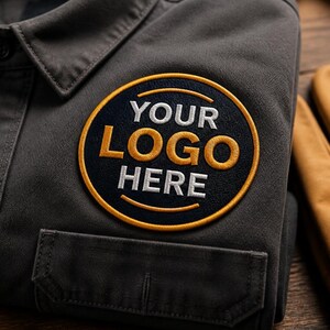 Puede incluir: Una chaqueta gris oscuro con un parche circular bordado en el pecho. El parche tiene un fondo azul marino con un borde dorado y el texto YOUR LOGO HERE en blanco y dorado. La chaqueta incluye un cuello y un bolsillo frontal bajo el parche.