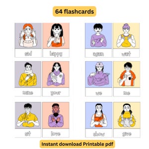 Flashcards educacionais de ASL | Materiais imprimíveis de aprendizagem ABC para crianças | Língua de sinais americana para iniciantes | Recursos para educação domiciliar e sala de aula