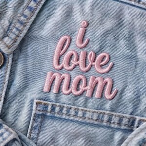 Könnte beinhalten: Eine hellblaue Jeansjacke mit hellrosa gesticktem Text, der i love mom in einer Schreibschrift liest. Die Jacke enthält einen sichtbaren Metallknopf auf der linken Seite und ein horizontales Nahtdetail über dem Taschenbereich.