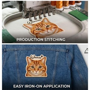 May include: An embroidered patch featuring a detailed orange tabby cat face with green eyes and the name Winnie written in black script above the head. The patch is shown being machine stitched and then applied to a blue denim jacket fabric.
