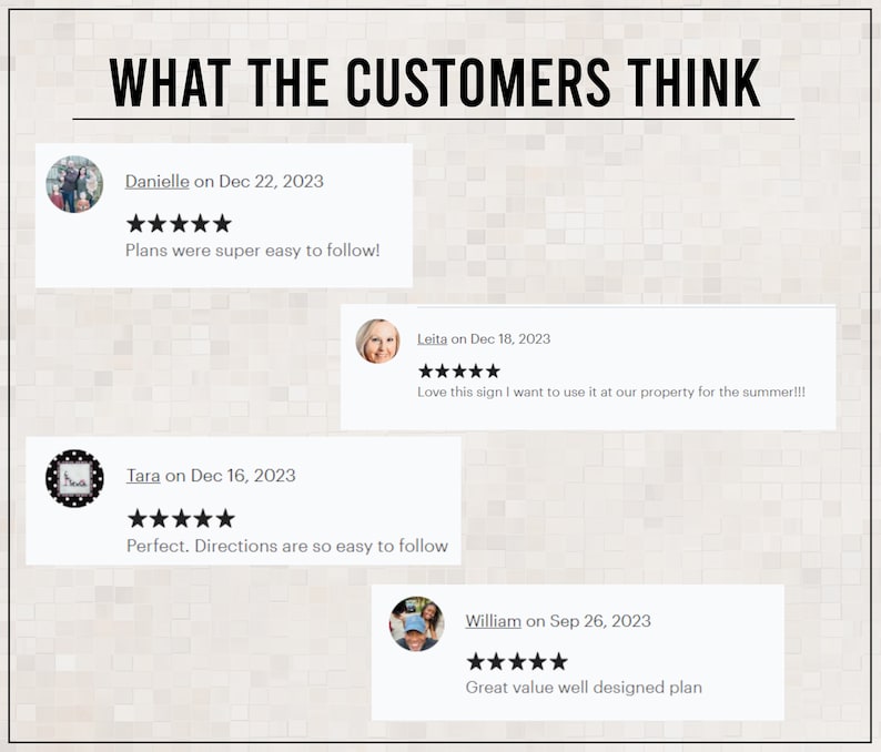 Op de afbeelding: Een collage van klantbeoordelingen voor een product, met vijfsterrenbeoordelingen en positieve opmerkingen. De beoordelingen benadrukken het gebruiksgemak, de kwaliteit en de waarde van het product. De tekst bevat "Plans were super easy to follow!" en "Great value well designed plan."