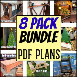 May include: An 8 pack bundle of PDF plans for building various wooden projects, including a Christmas tree, a welcome stand, a bed, a bench, a picnic table, and a ladder. The plans are available for download and include instructions.
