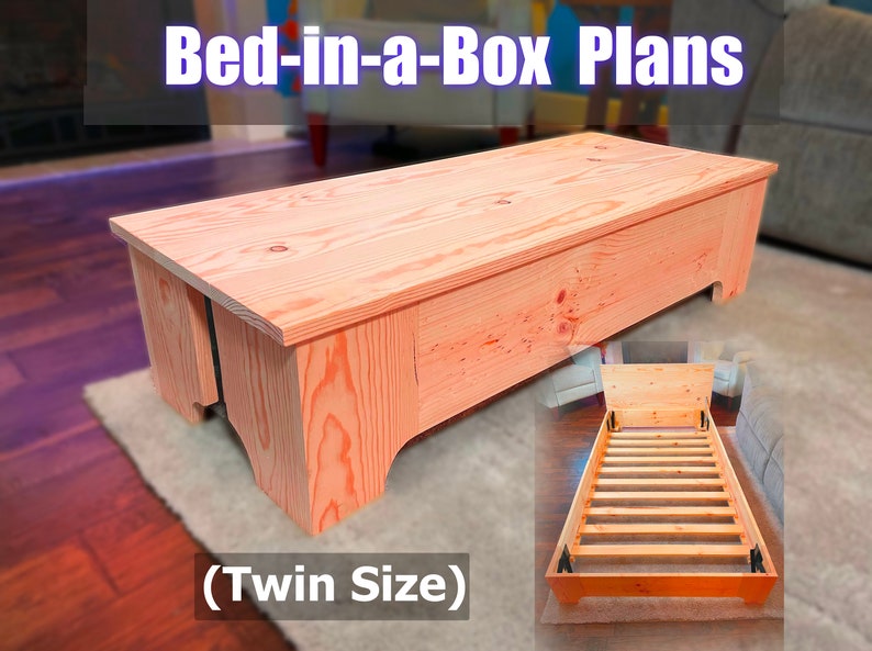 K&ouml;nnte beinhalten: Bett-in-a-Box-Pl&auml;ne (Einzelbettgr&ouml;&szlig;e) - Ein Bettrahmen aus Holz in einer Flachverpackung, bereit zum Zusammenbauen. Das Bild zeigt den zusammengebauten Bettrahmen und die Flachverpackung.