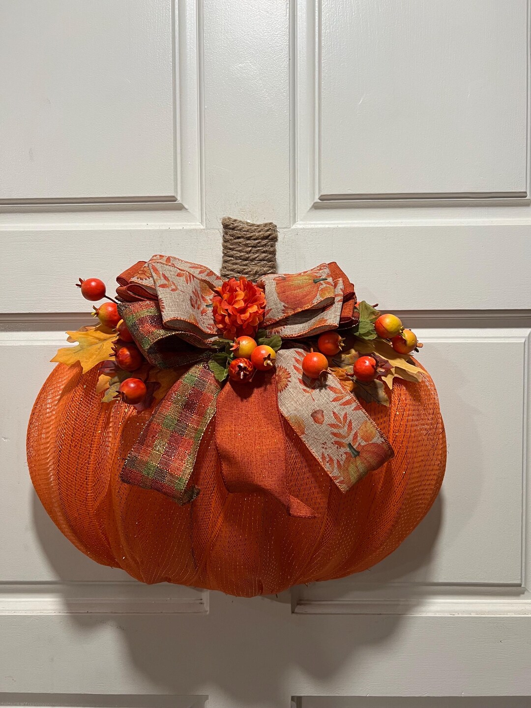 Fall Orange Pumpkin Wreath: Burlap Ribbon Crabapples