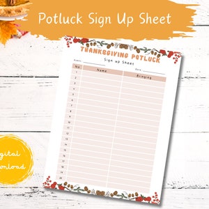 Thanksgiving Potluck Sign up Sheet, Printable, Food Sign up Sheet ...
