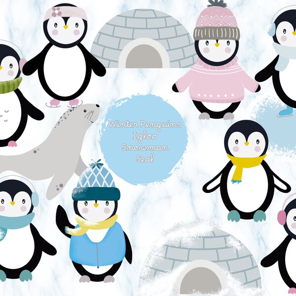 Imágenes Prediseñadas de pingüinos lindos de invierno, imágenes prediseñadas de Navidad, png de pingüino lindo, PNG festivo, imágenes prediseñadas de invierno, descarga digital, Igloo Png,Sello Png, Regalo,