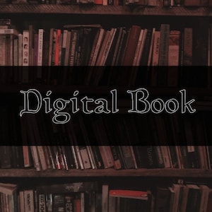 Puede incluir: Un primer plano de una estantería llena de libros. El texto "Digital Book" se muestra en blanco sobre un fondo negro.