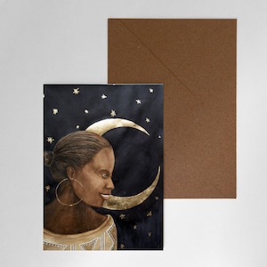 Carte postale - femme africaine et lune, carte anniversaire, carte de Noël, carte de voeux
