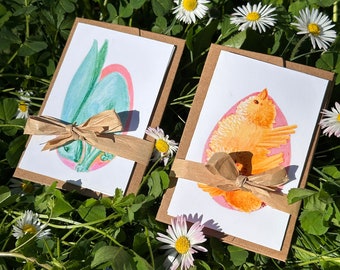 2 Mini illustrated Easter greeting cards - Chicks, rabbit and egg