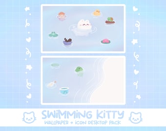 Paquete de iconos de escritorio de Swimming Kitty/aplicación + conjunto de iconos de carpeta con fondo de pantalla de gato Kawaii/tema estético de computadora de escritorio para PC (Windows + Mac)