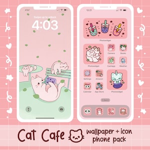 Cute Cat Café Icon Pack | App Icon Set With Wallpaper | Aesthetic Phone Theme For iOS Android and Tablet | Kawaii Cat Wallpaper and Icon Set