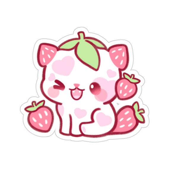 Cute Strawberry Cat Sticker, Silly Fruit Kitty Sticker Gift for