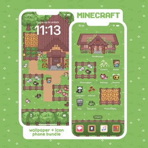Puede incluir: Un paquete de fondo de pantalla e iconos para teléfono con temática de Minecraft. El fondo de pantalla presenta una escena de granja pixelada con una casa, animales y cultivos. Los iconos también están pixelados y presentan varias aplicaciones, incluyendo Cámara, Libros, Ajustes, Clima, Calendario, Internet, Etsy, App Store y Photowidget.