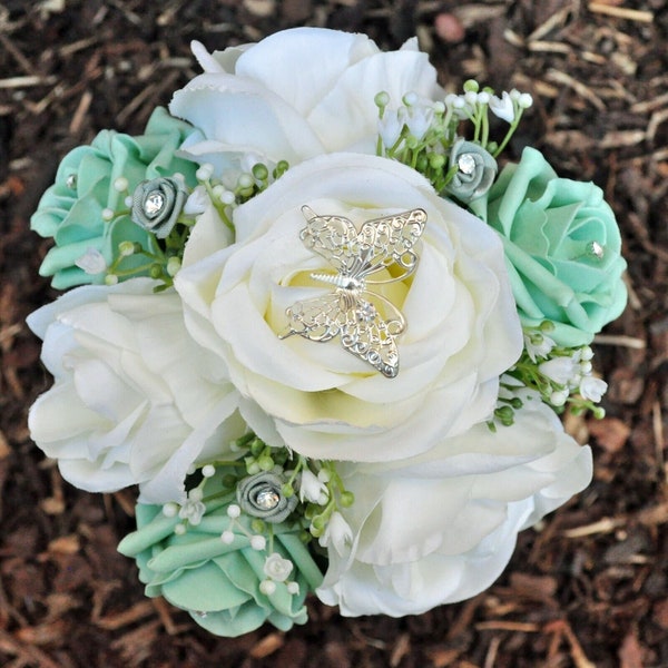 Artificial Wedding Flowers Ivory Silk and Mint Green Foam Rose Flower Girl Posy