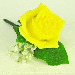 Artificial Wedding Flowers Single Light Yellow Foam Rose & Ivory Gypsophila Buttonhole