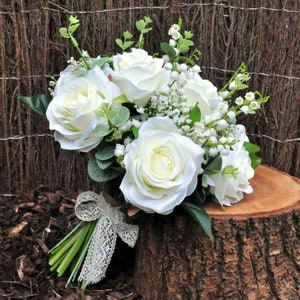 Artificial Wedding Flowers Ivory Rose Gypsophila Informal Hand Tied Posy Package