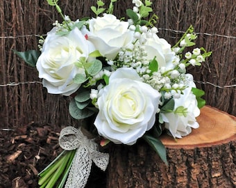 Artificial Wedding Flowers Ivory Rose Gypsophila Informal Hand Tied Posy Package