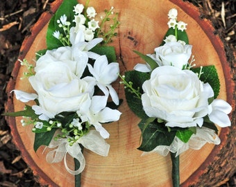 Artificial Silk Wedding Flowers Deluxe Ivory Rose Pin on Corsage 2 Sizes