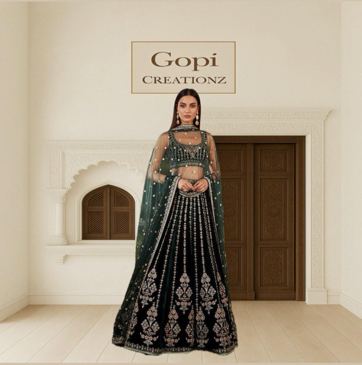 Bottle Green Velvet Lehenga Choli Indian Wedding Outfit Custom Stitched Bridal Lengha