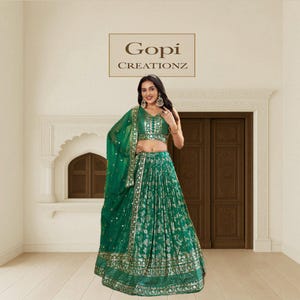 Green bridal blouse Lehenga Choli | Zari & Sequin Embroidered Semi-Stitched Lehenga with Dupatta | Indian Wedding Guest Outfit