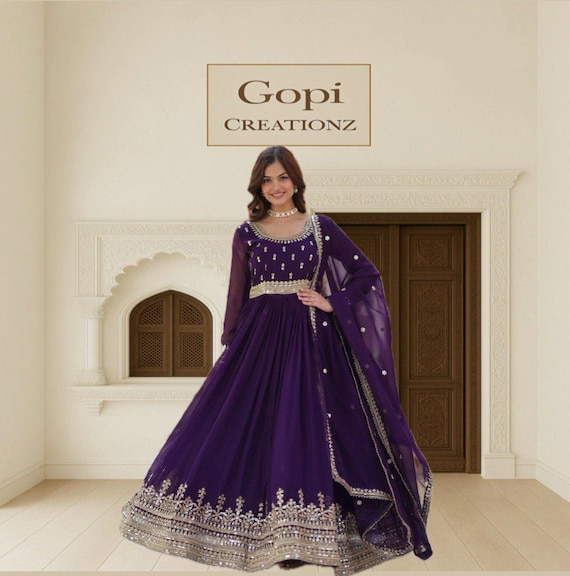 Purple Anarkali Gown with Dupatta: Zari & Sequin Embroidery, Indian Wedding Dress