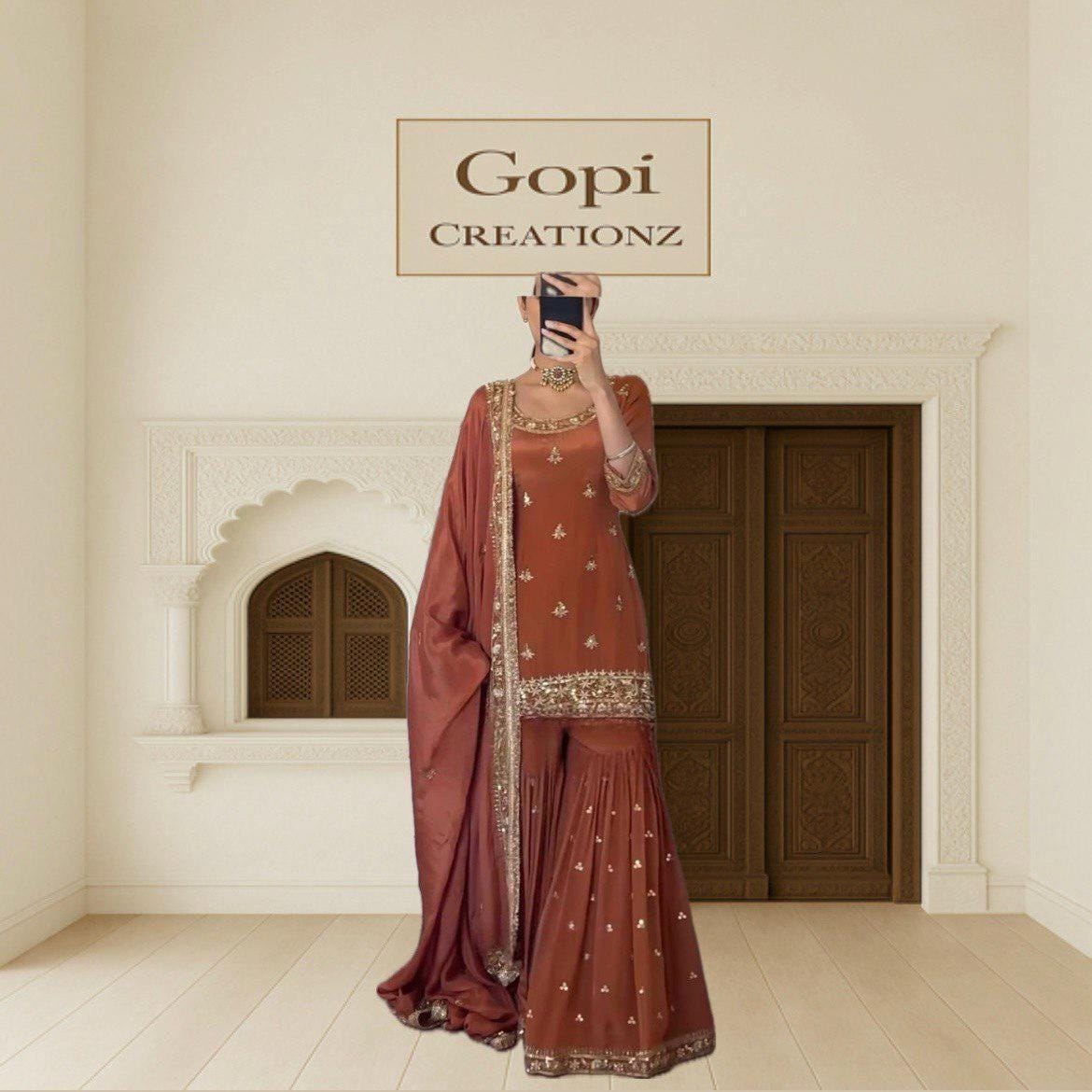Embroidered Rust Brown Sharara Suit: Sequin Kurta, Dupatta - Indian Party Outfit