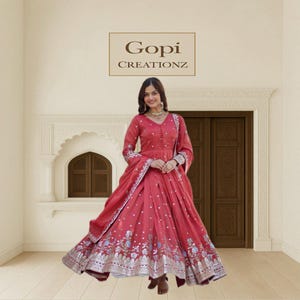 Red Anarkali Gown with Dupatta | Embroidered Viscose Silk Dress | Indian Party Wear Gown | Full-Length Anarkali with Zari & Sequin Work