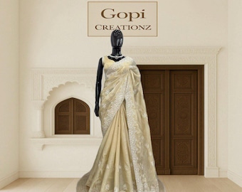 Elegant Beige Embroidered Saree with Blouse – Bridal reception saree