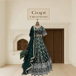 Dark Green Jacquard Lehenga Choli Set | Heavy Thread & Sequin Embroidery | Semi-Stitched Indian Wedding Outfit | Fancy Dupatta |gift for her